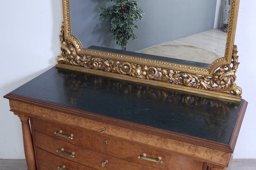 Comò Liberty cassettiera grande specchio cornice dorata piano marmo verde - Foto 3 di 12
