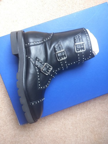 Stuart Weitzman Black Leather Studded Biker Jesse Lift Ankle Boots Size 5 - Picture 5 of 10