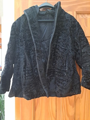 Fur Coat Womens Curly Lamb Black Parka Wool 50’s 60’s Size S Worn Spots - Picture 2 of 8