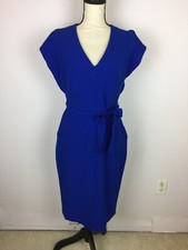 NWOT Eliza J Sheath Dress Sz 8 Womans Blue V-Neck Cap Sleeve Belted Stretch Knit