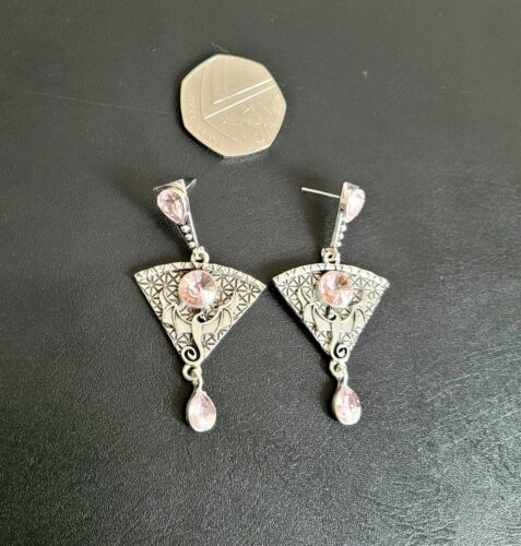 Vintage Art Deco Look Dragon Drop Earrings Pink Crystal Silver Tone Gift - Picture 4 of 6