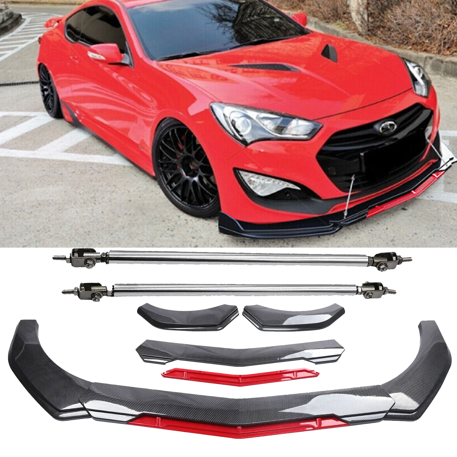 Carbon Fiber Front Bumper Lip Spoiler Splitter Strut Rod for Hyundai Genesis 2DR