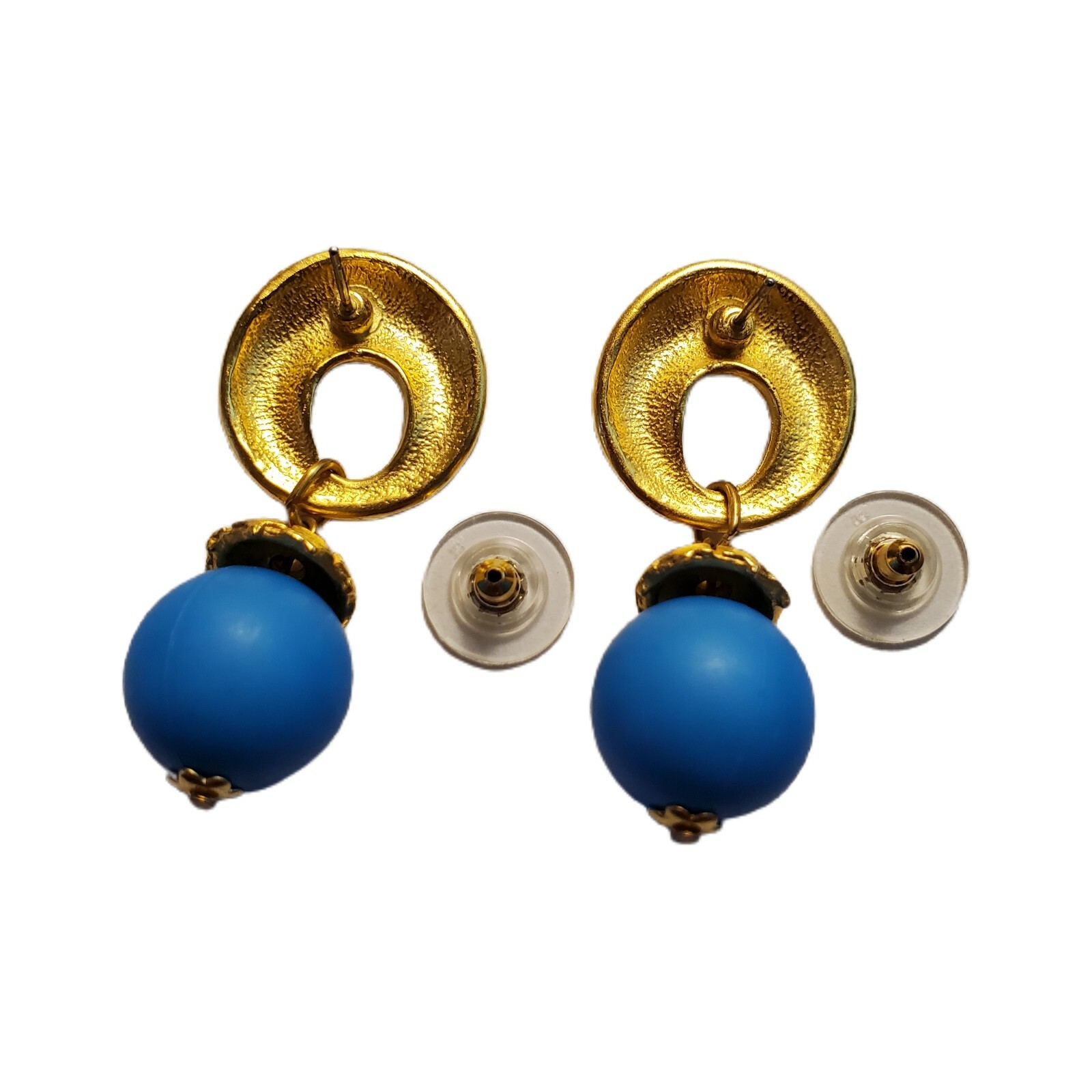 Goldtone Pierced Earrings Blue Drop Dangle Unsign… - image 3