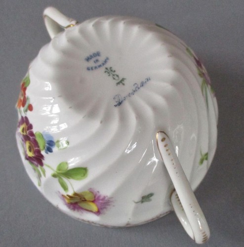 Antique HP Swirled Porcelain Covered Cream Soup DRESDEN FLOWERS Gilt Trim * OHME - Picture 7 of 7