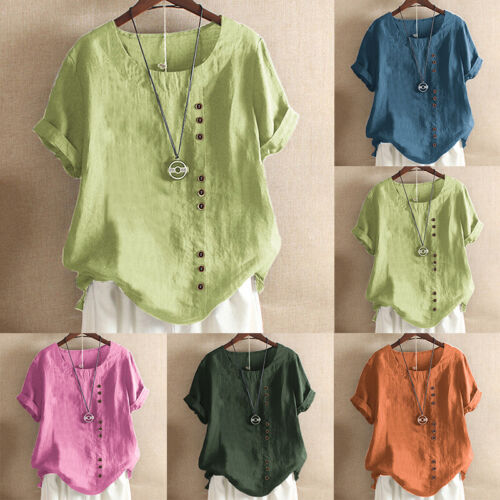 Women Cotton Linen Casual Loose Blouse Ladies Summer Baggy T-Shirt Tunic Top - Afbeelding 1 van 17