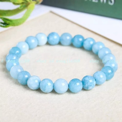 Natural Aquamarine Stone Bracelet Aqua Blue Gems Stretch Bracelet Handmade 8mm - Picture 8 of 12