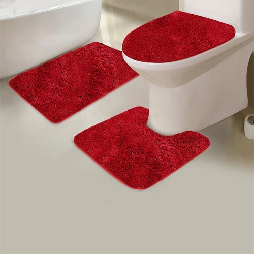 Set of 3Pcs Soft Plush Bathroom Rug Contour Mat Toilet Lid Cover Plain Bathmats - Picture 10 of 13