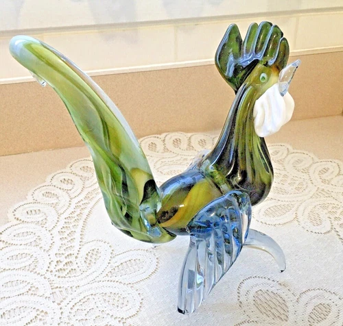 8.25in Vintage Murano Style Rooster Figurine Hand Blown Art Glass~Pontil Mark