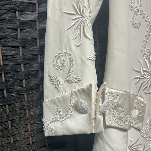 Y2K Sue Wong vintage midi length silk embroidered beads off white coat jacket 8 - Picture 4 of 10