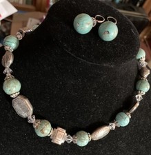 Faux Turquoise Etched Silver Tone Beads Necklace 925 Earring Set