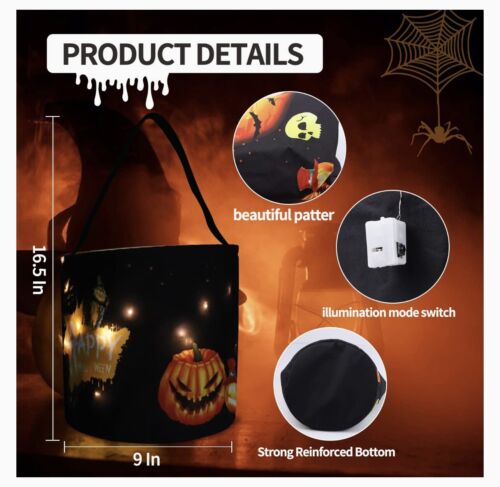 Halloween Trick Or Treat Bag LED Light Candy Bucket Multipurpose Reusable Child - Picture 3 of 6