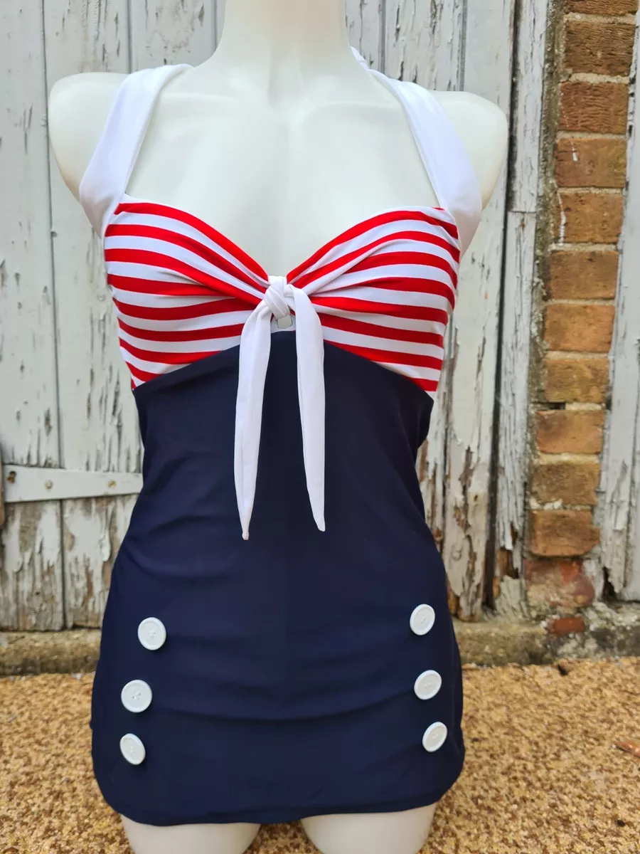 1950s Pin Up Girl Red Stripe Navy Vintage Swimming Costume 10 12
