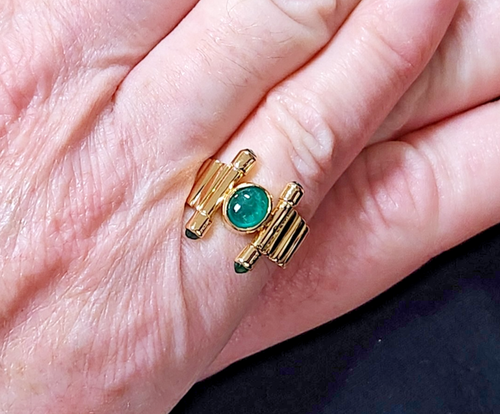 UNIQUE 17.5k Gold Oval Emerald Cabochon H Style Ring Sz 5