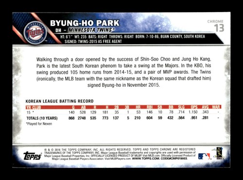 2016 Topps Chrome Baseball Byung-Ho Park #13 RC Minnesota Twins - Picture 2 of 2