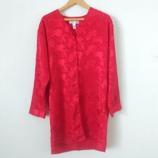 Vintage Erika Taylor Button-Front Nightgown Size Med Red Floral Jacquard Satin