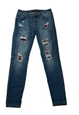 Judy Blue Buffalo Plaid Patch Skinny Jeans JB8268DK Ripped Distressed Size 7/28
