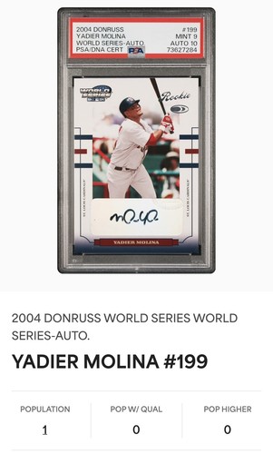 Yadier Molina RC Auto 2004 Donruss World Series AUTOGRAFO Rookie SP/500 PSA 9 10 - Foto 3 di 7