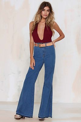 Nasty Gal Out On Bell Flare Blue Denim Breathless Jeans Size 24