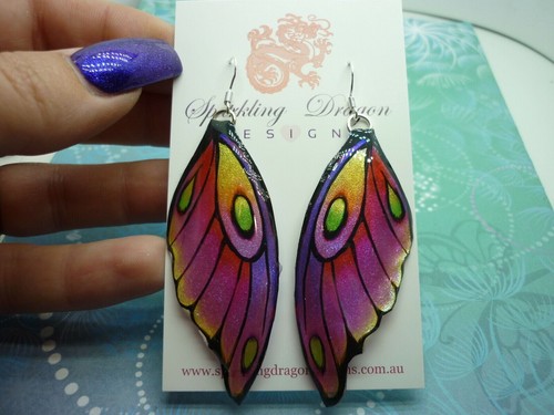 Butterfly Wing Earrings Rainbow - Sparkly Boho Fairy Jewellery unique gift Pink - Picture 6 of 9