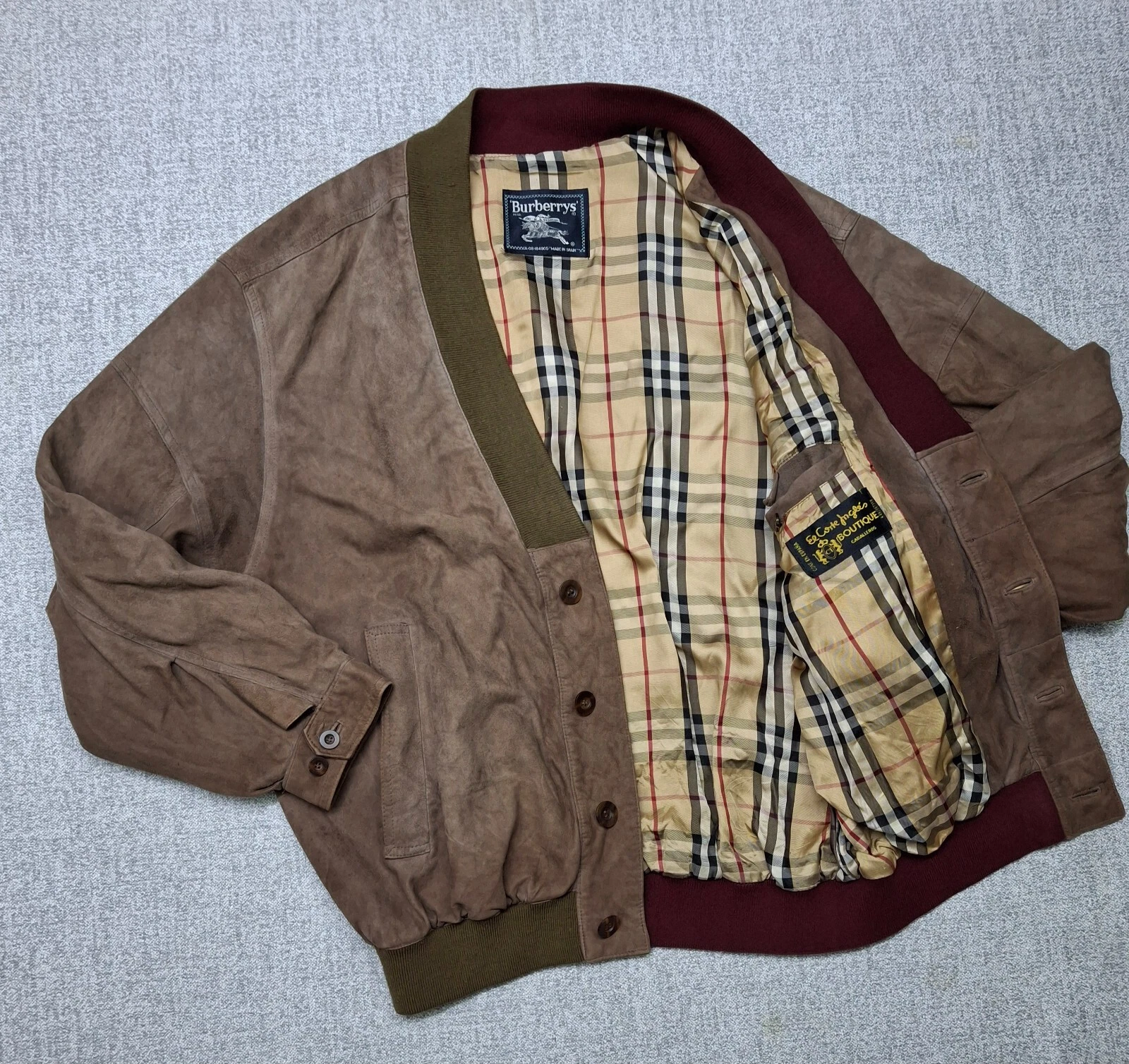Cardigan maglione pelle scamosciata burberry vintage anni 80 giacca Nova check marrone taglia 5