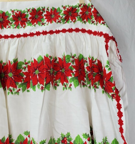 Vintage Christmas Apron Poinsettias Red Rick Rack Green Large Half Waist Tie - Picture 5 of 9