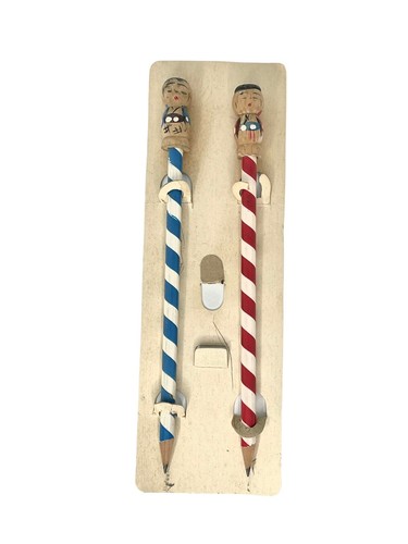 Vintage Wood Japan Kokeshi Doll Pencil Topper Set of 2 Striped Pencils & Toppers - Picture 2 of 10