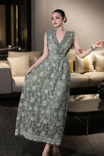 French Summer Women's V-neck Sleeveless Mesh Embroidered Bead Flower Dress Skirt - Picture 17 of 26