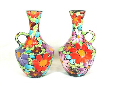 2 Alvino Bagni Italy Raymor MCM Enameled Floral Glaze on Black Ewer/Pitcher Vase