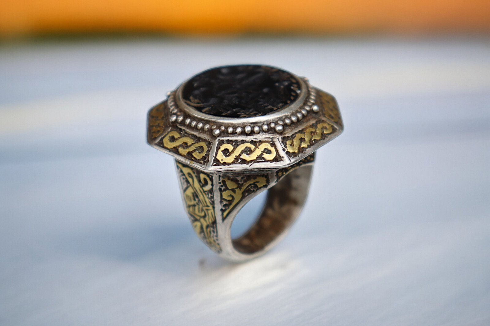Orient Turkmen solid silver hematite signet ring … - image 1