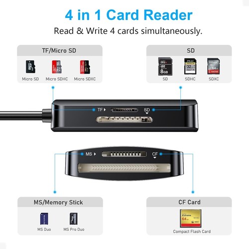 Memory Card Reader, Beikell 4in1 USB USB-C to SD Micro SD MS CF Card Reader UK - Picture 4 of 7