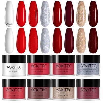 Aokitec 8 Colors Dip Powder Nail Set, Rose Red White Silver Glitter Collection