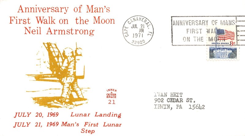 APOLLO 11 2ND ANNIV 7/21/71 CANCEL COLORFUL CACHET 8c WH FLAG STAMP SC#1338F