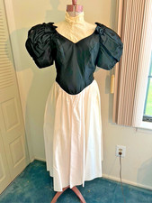 NEW-Unworn Vintage 80s black white midi dress w puff sleeves bow - size M