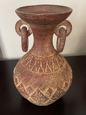 Latin American Tribal Red Clay Pottery 10  Vase w/ Loose Rings on Handles