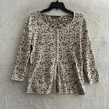 Nic  Zoe Womans Cardigan Top Beige Geometric Large Silk Blend Long Sleeve