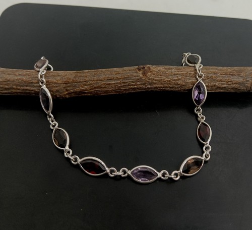 925 Sterling Silver Natural Garnet, Amethyst, Smoky Quartz Bracelet Jewelry B-14 - Picture 4 of 11