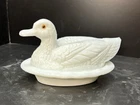 Vintage Westmoreland Milk Glass Duck on Nest Covered Dish Glass Eyes