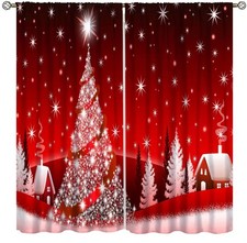 Red Christmas Curtains Cute Winter Holiday Xmas Gifts Snowflakes Elf Living R...