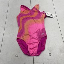 GK Elite Leotard Adult M Pink Swirl One Shoulder Gymnastics Dance Tank Scrunchie
