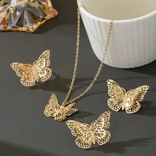 Gold Hollow Butterfly Pendant Necklace Earrings Ring Jewelry Set