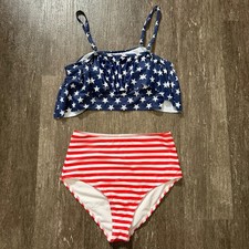Unbranded Bikini Set Women Small Red White Blue Stars Stripes High Waist Ruffle