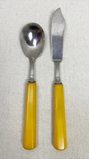 Vtg Butter Knife spreader Sugar Spoon set Art Deco Butterscotch Bakelite Handles