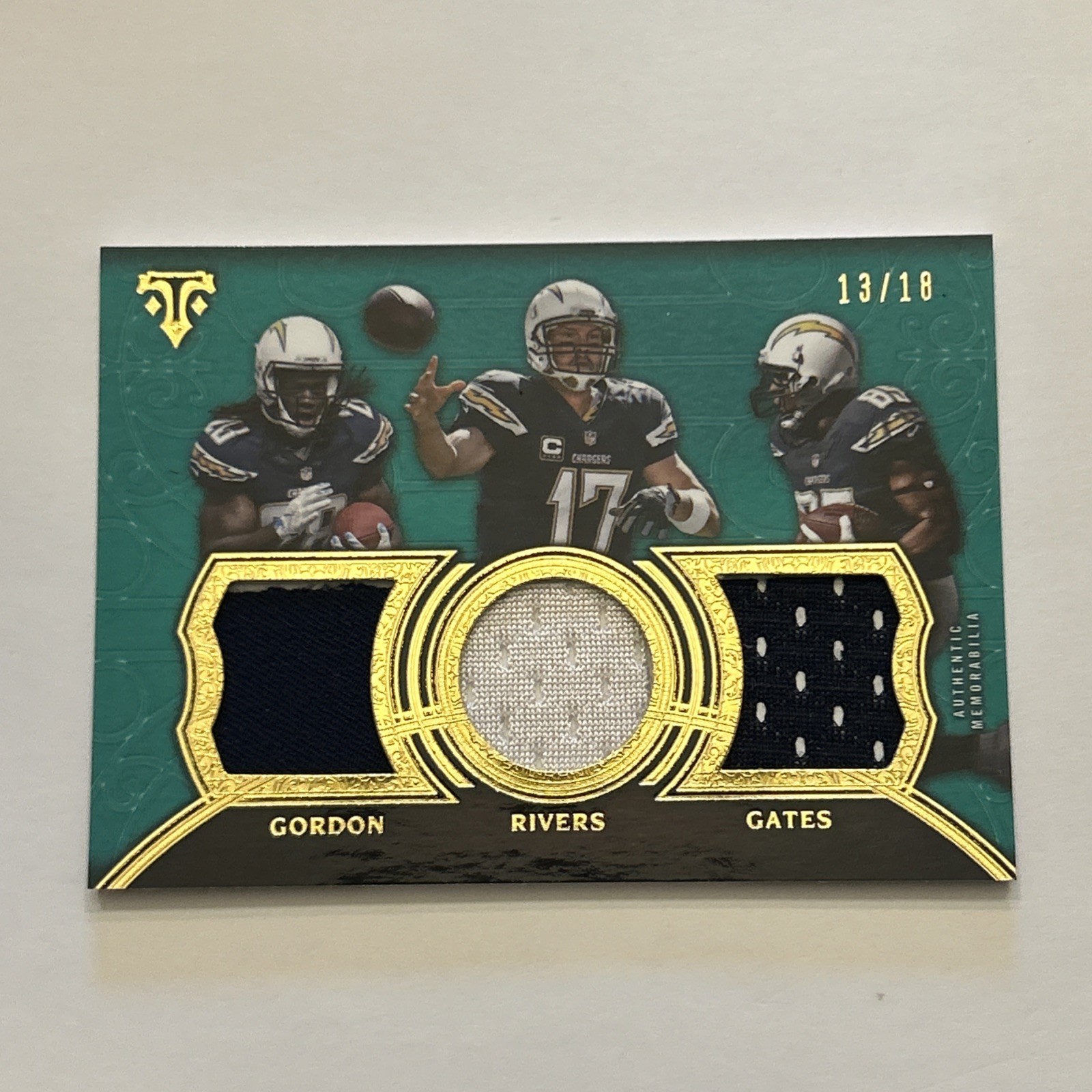 Philip Rivers, A. Gates, & M. Gordon, RELIC   S/N 13/18, 2015 Triple Threads FB.