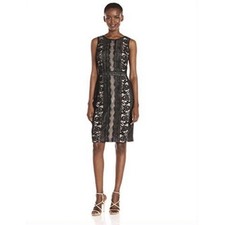 Adrianna Papell Lace Sheath Dress Womens 12 Black Nude Sleeveless Knee Length