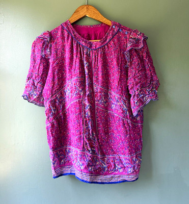 BA&SH PARIS US 8 Moccha Ruffle Blouse Top Fuchsia Pink Floral Pattern Size 2