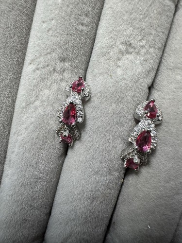Sterling Silver CZ Hoop Earrings Hoops With Red & Clear Cubic Zirconias - Picture 3 of 5