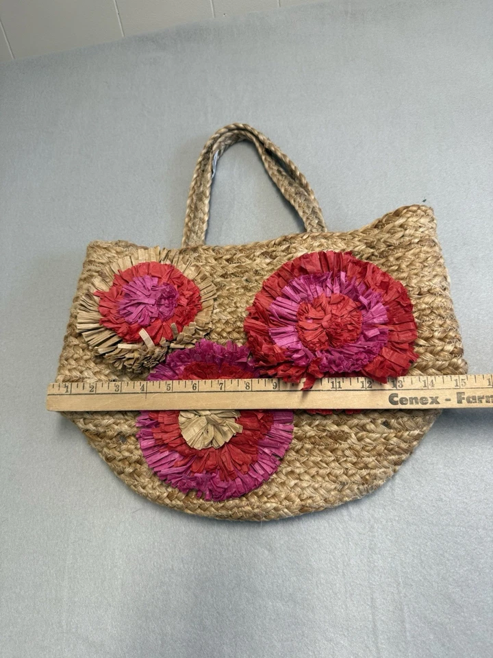Bolso de Mano Chicos Yute 3D Flor Doble Asa Tejido Nuevo con Etiquetas Rosa Playa Crucero Vacaciones Foto 3 de 4