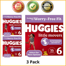 3 Pack Huggies Little Movers Baby Diapers, Size 6 35 lbs , 16 Count