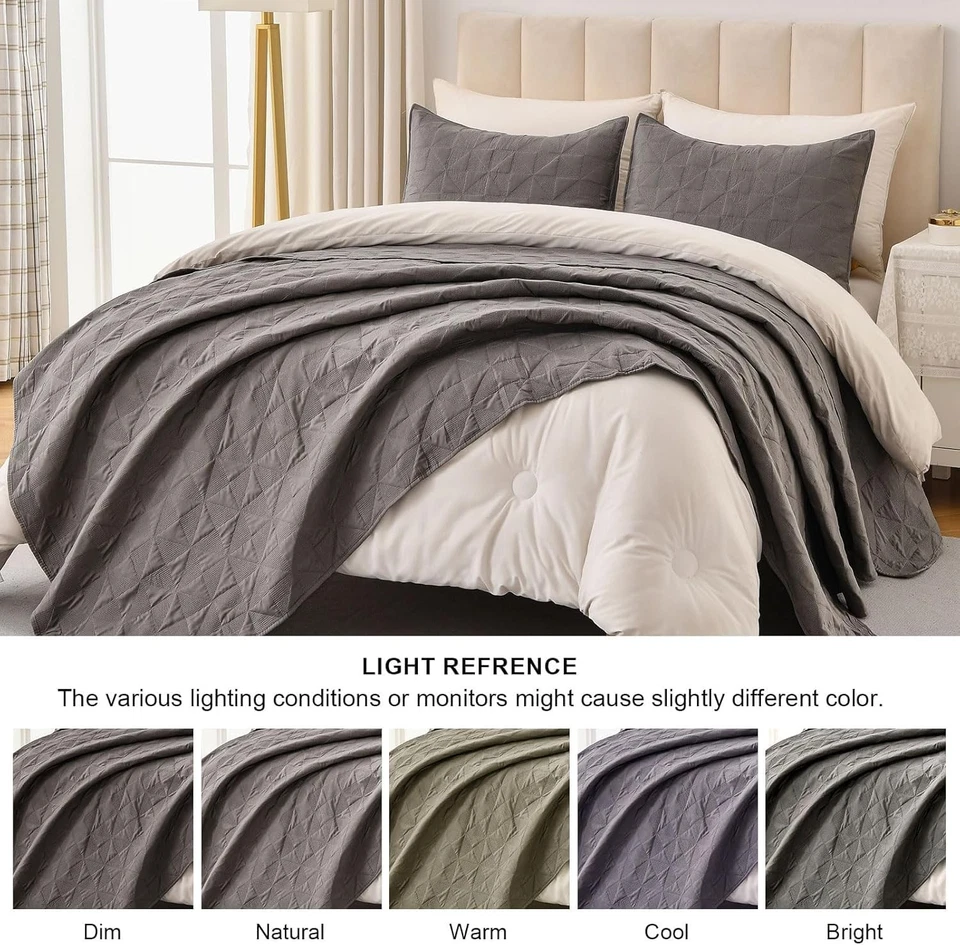 Colcha acolchada ligera suave gris oscuro talla king con molinete Mo... Foto 4 de 4