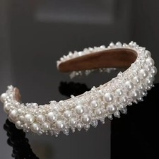 New handmade boutique crystal pearl detail fancy flexible wide headband prom